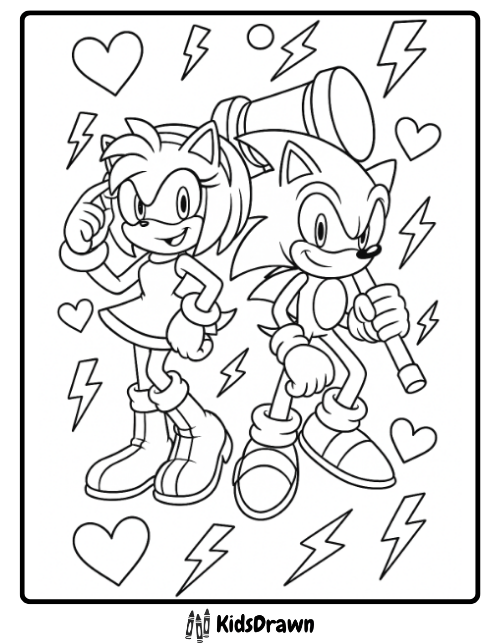 Sonic and Amy coloring page with hearts and lightning bolts