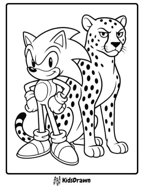 Sonic standing proudly with a cheetah coloring page