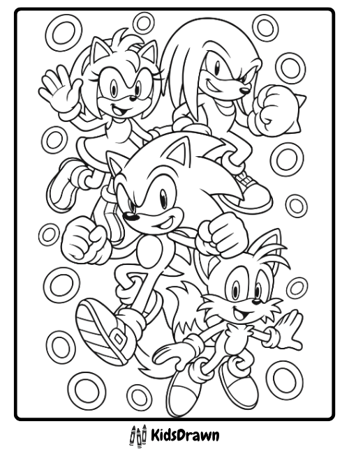 Sonic with Amy, Knuckles, and Tails surrounded by rings coloring page