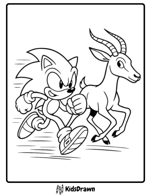 Sonic running in a race with a gazelle coloring page