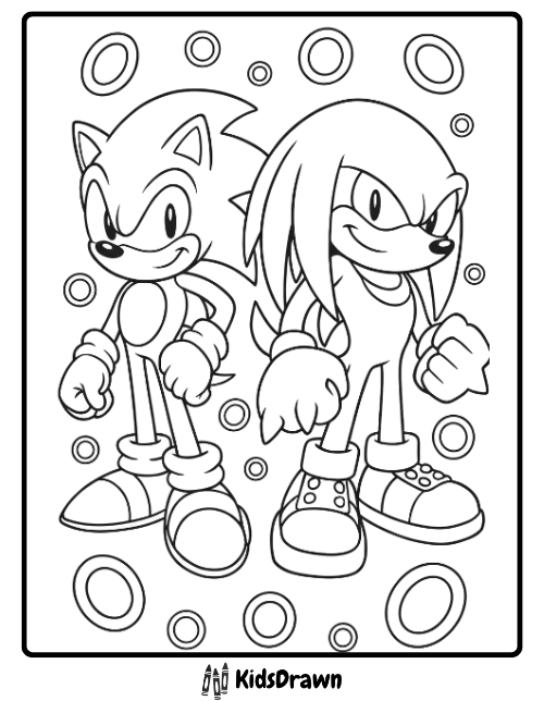 Sonic and Knuckles coloring page with rings in the background