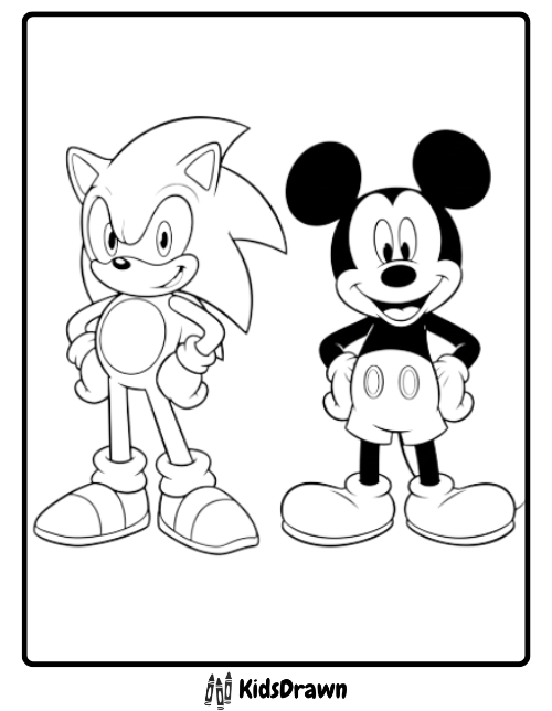 Sonic and Mickey Mouse coloring page standing together