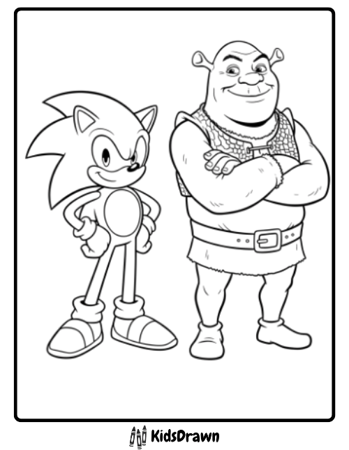 Sonic standing with Shrek coloring page