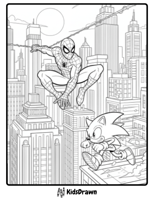 Sonic and Spider-Man coloring page in city rooftop scene