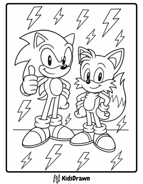 Sonic and Tails coloring page – iconic duo posing with lightning bolts background, free printable activity sheet for kids