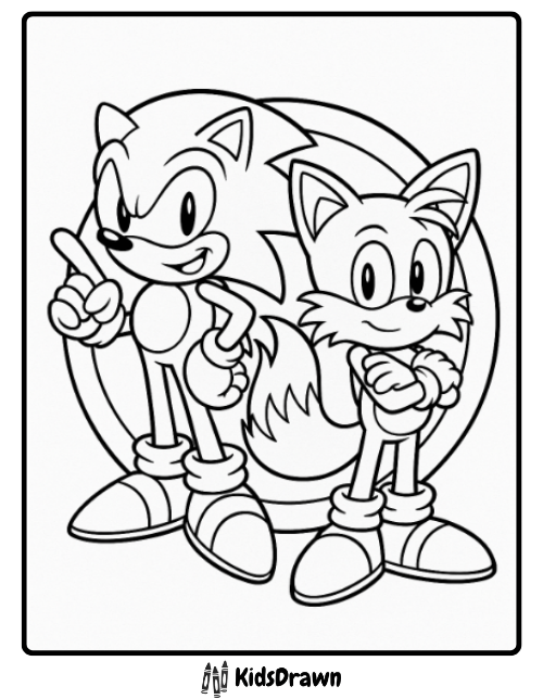 Free Sonic and Tails coloring page – iconic duo standing together with a circular backdrop, printable for kids and fans
