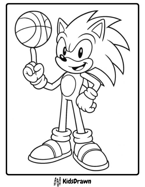 Free Sonic coloring page – Sonic the Hedgehog slam dunking a basketball into the hoop, printable sports activity sheet for kids