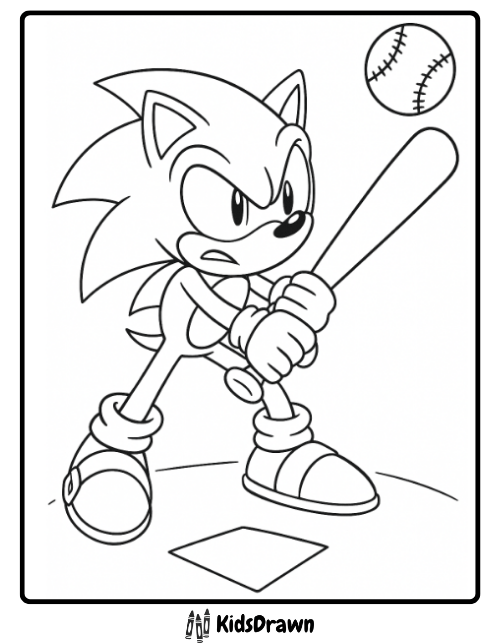 Sonic coloring page – Sonic the Hedgehog holding a baseball bat ready to hit, free sports printable for kids
