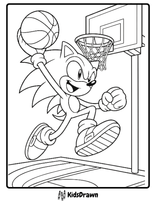 Free Sonic coloring page – Sonic the Hedgehog slam dunking a basketball into the hoop, printable sports activity sheet for kids
