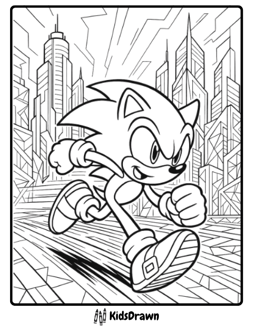 Sonic coloring page – Sonic the Hedgehog running through a futuristic city with tall skyscrapers, free printable for kids