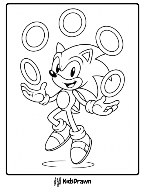 Sonic coloring page – Sonic the Hedgehog juggling golden rings, fun printable activity sheet for kids