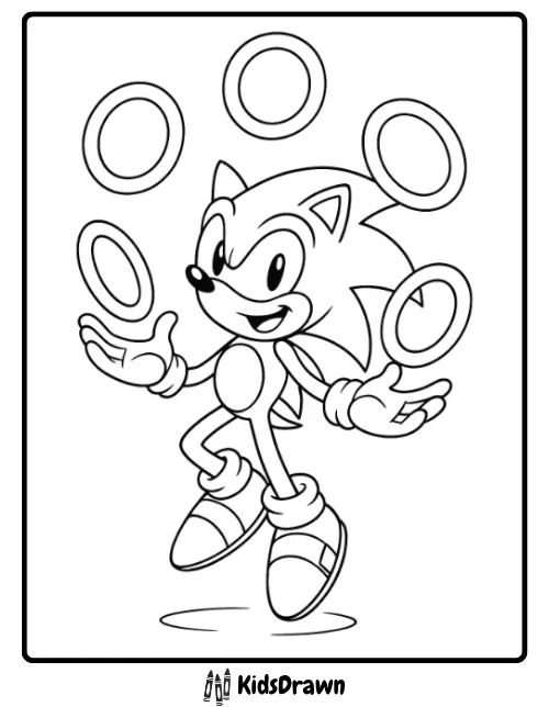 Sonic coloring page – Sonic the Hedgehog juggling golden rings, fun printable activity sheet for kids