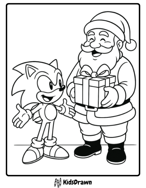 Sonic coloring page – Sonic the Hedgehog with Santa Claus holding a gift, free Christmas printable for kids
