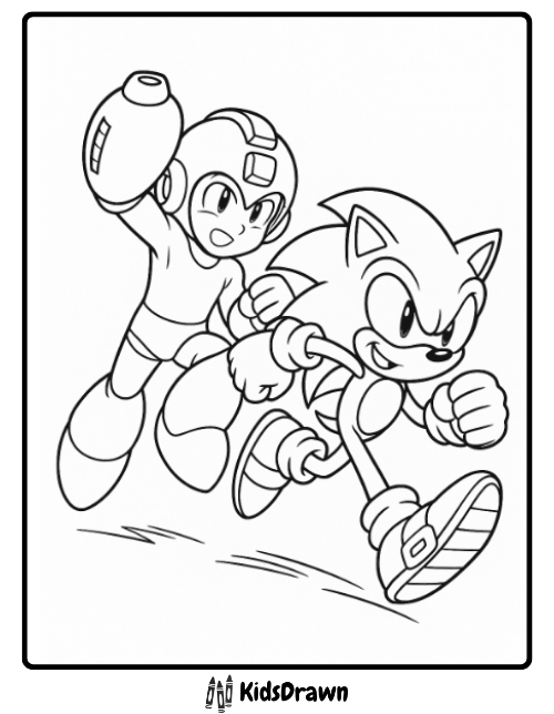 Sonic running beside Mega Man with arm cannon coloring page