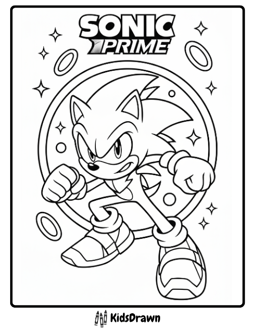 Sonic Prime coloring page with rings and stars — action pose line art, free printable