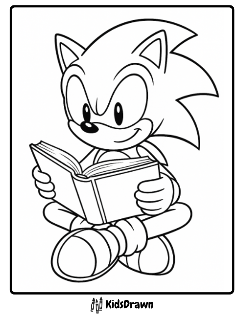Sonic reading a book — cute Sonic coloring page for kids, free printable line art