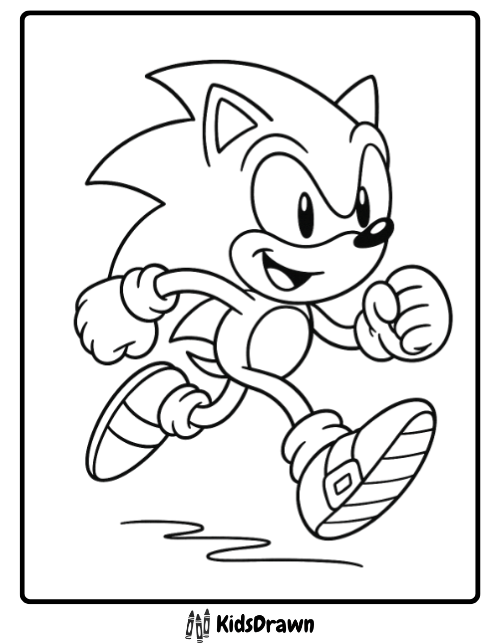 Sonic running with a happy expression — simple Sonic coloring page for kids, free printable