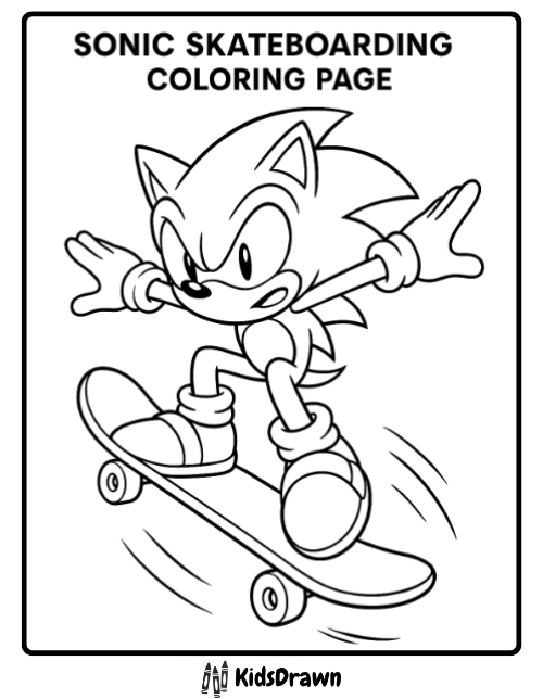 Simple, child-friendly Sonic running coloring page with bold outlines for easy coloring. Free printable sheet perfect for younger kids, classrooms, and quick art projects
