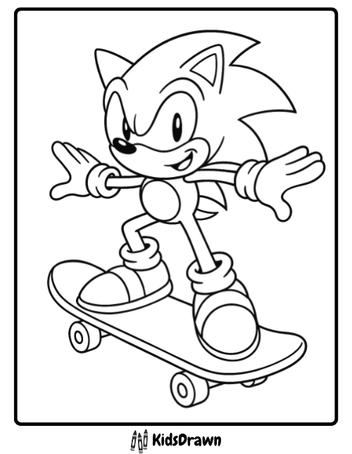 Sonic coloring page of Sonic skateboarding with a confident pose.