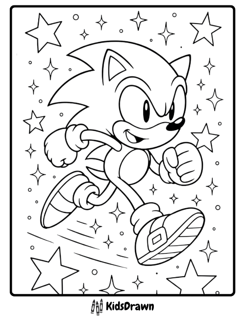 Sonic coloring page of Sonic the Hedgehog running with stars in the background