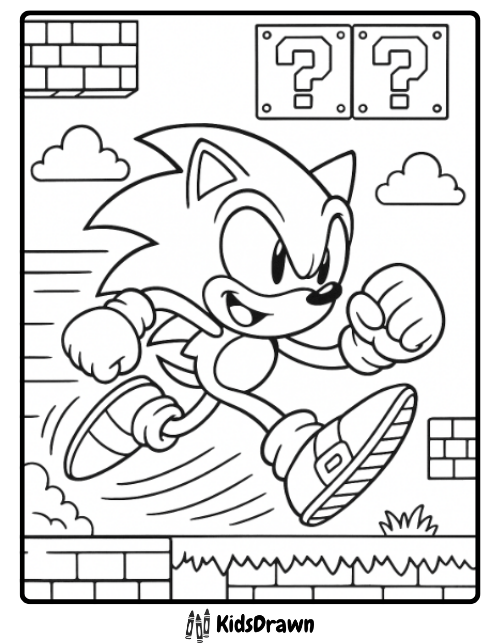 Printable Sonic coloring page showing Sonic running in a video game level with bricks and question blocks