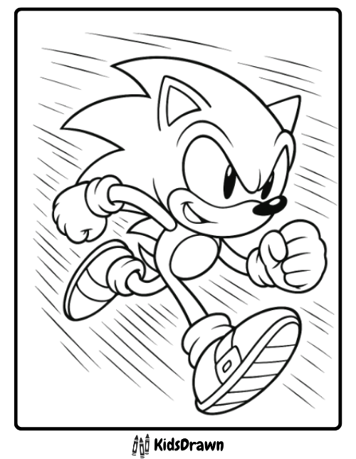 Free printable Sonic coloring page showing Sonic running at full speed with motion lines
