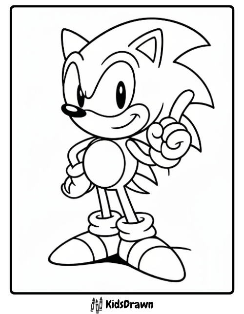 Free printable Sonic coloring page with Sonic standing proudly with one finger raised