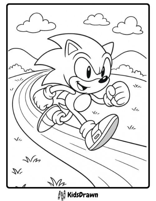 Free printable Sonic coloring page of Sonic running at supersonic speed on a curved path outdoors