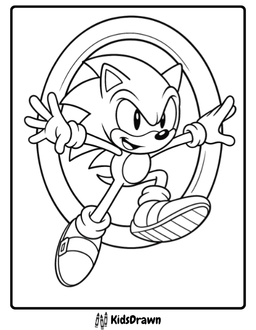 Free printable Sonic coloring page of Sonic leaping energetically through a large ring