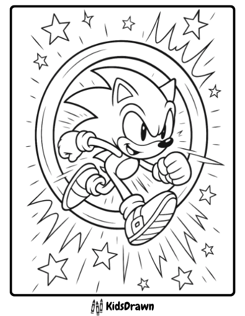 Sonic the Hedgehog dashing through a ring with stars coloring page