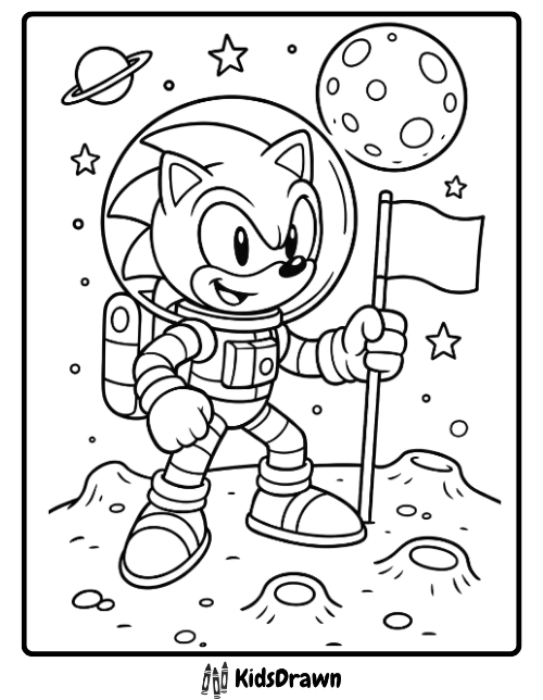 Sonic the Hedgehog in a spacesuit holding a flag on the moon coloring page