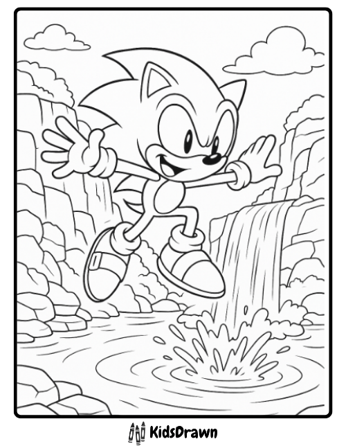 Sonic the Hedgehog jumping near a waterfall coloring page