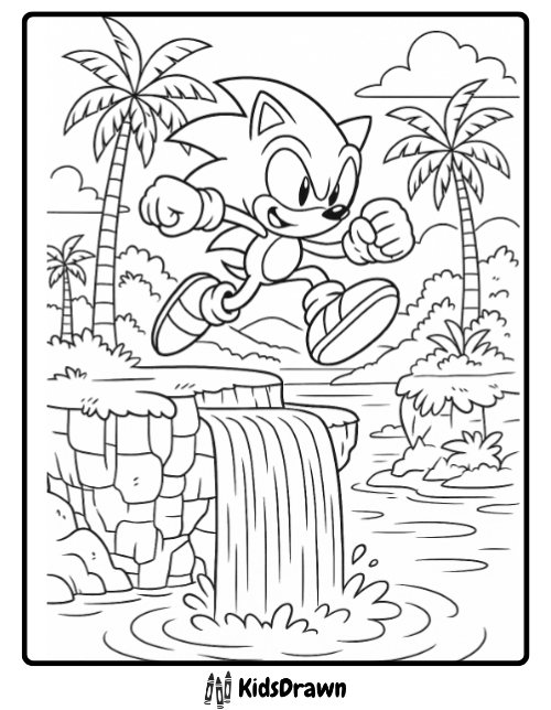 Sonic the Hedgehog jumping over a tropical waterfall coloring page
