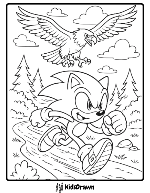 Sonic the Hedgehog running through forest with eagle overhead coloring page