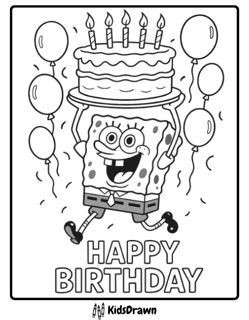 Fun Happy Birthday coloring page of SpongeBob SquarePants carrying a big cake with balloons and candles – printable cartoon birthday activity for kids
