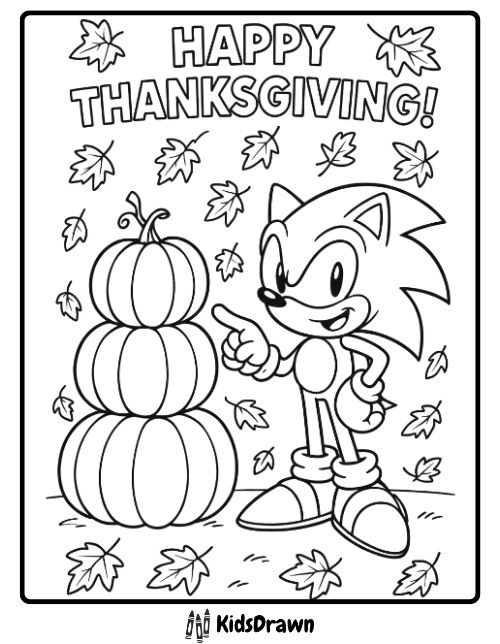 Sonic the Hedgehog Happy Thanksgiving coloring page with pumpkins and falling leaves