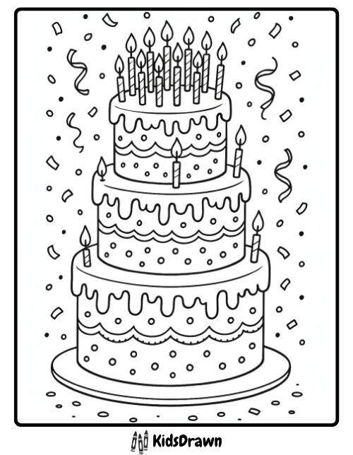 Happy Birthday coloring page with a tall three-tier cake covered in candles and confetti – festive printable activity sheet