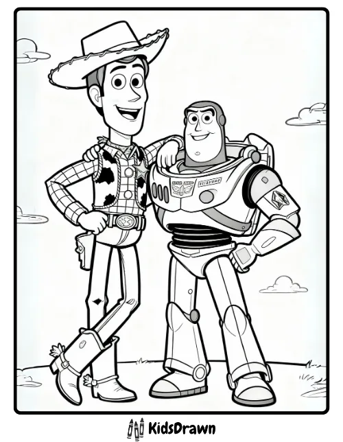 Woody cowboy and Buzz Lightyear standing together smiling, Toy Story characters in line art