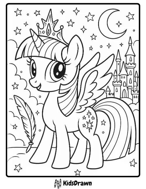 Printable line art of Twilight Sparkle unicorn with wings, crown, and castle background for kids to color