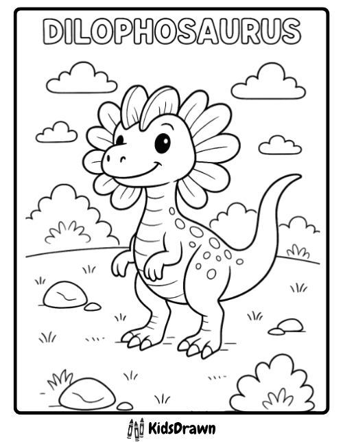 Free printable Ankylosaurus coloring page for kids featuring a volcano, palm tree, and prehistoric landscape