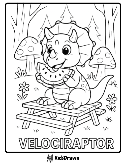 Wide-eyed Triceratops coloring page for kids eating watermelon at picnic table in forest