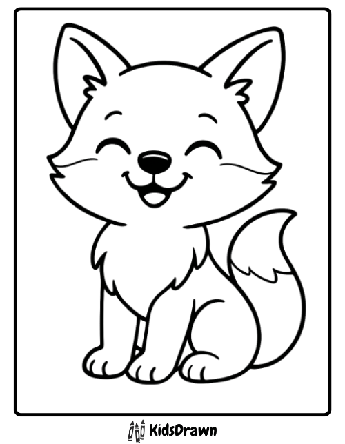 Adorable cartoon fox with a big smile sitting coloring page