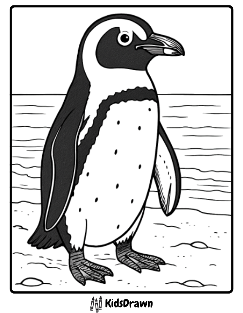 African Penguin Beach realistic African penguin by the ocean shore, ideal for Penguin Coloring Pages and wildlife coloring fun