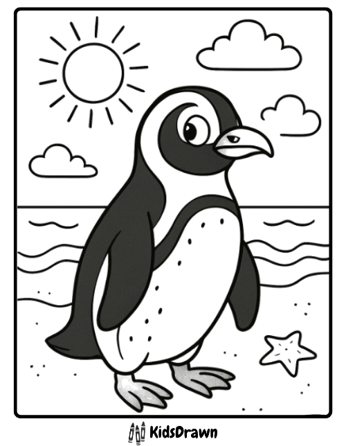 African Penguin Sunny Beach cute penguin enjoying a sunny seaside scene, great for children’s Penguin Coloring Pages