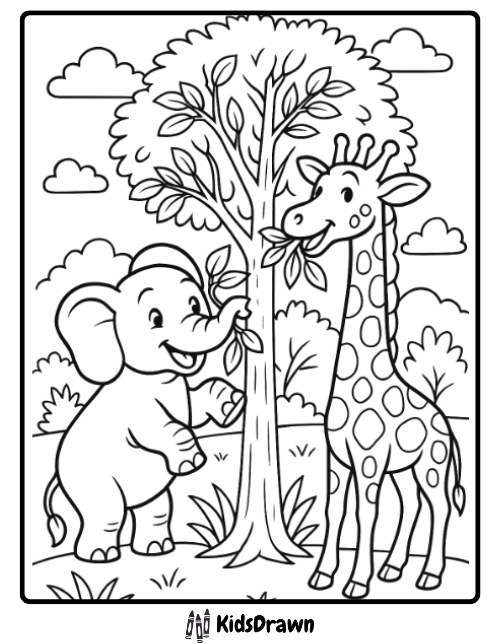 Elephant and giraffe sharing tree leaves, safari scene for elephant coloring pages