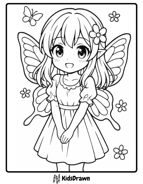 ute chibi anime fairy girl coloring page with big eyes, small butterfly wings, a flower in her hair, and pointed ears, smiling with small flowers and a butterfly surrounding her