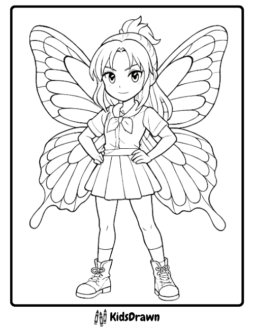 Coloring page of an anime girl with butterfly wings wearing a school uniform skirt, blouse, and boots, standing with hands on her hips. Ideal for kids' fantasy coloring activities