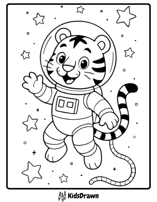 Happy cartoon tiger astronaut floating among stars imaginative space themed tiger coloring pages