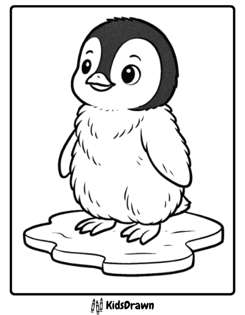 adorable baby penguin standing on an ice floe, perfect for kids’ Penguin Coloring Pages