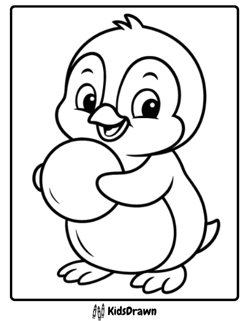 cute penguin holding a snowball, fun and easy Penguin Coloring Pages for toddlers